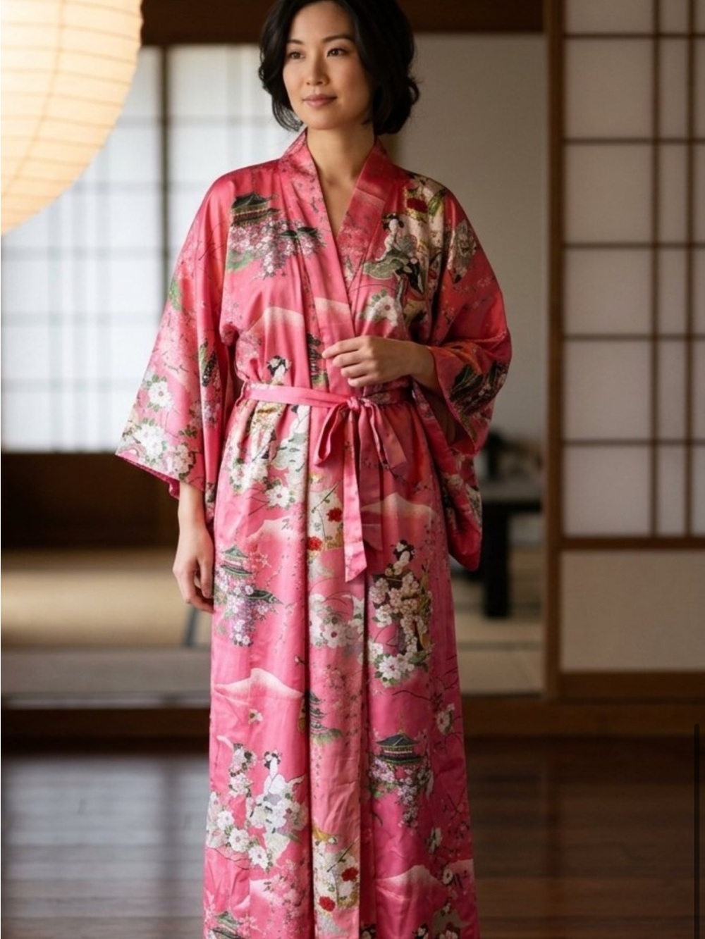 Women's Pink Floral Satin Kimono Robe with Belt
